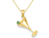 14K Yelllow Gold Martini Glass Charm with Synthetic Green Cubic Zirconia Pendant Necklace with Chain
